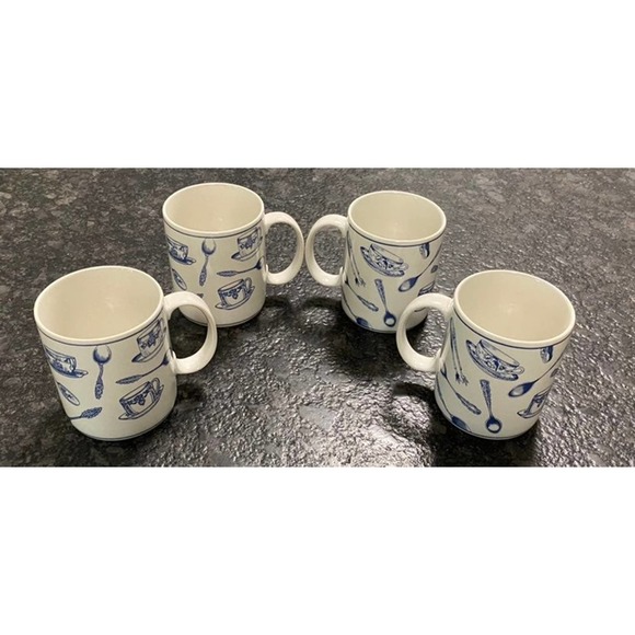 Set of 4 Fitz & Floyd Omnibus Habitat Americana Colony Blue Mugs - Picture 2 of 11